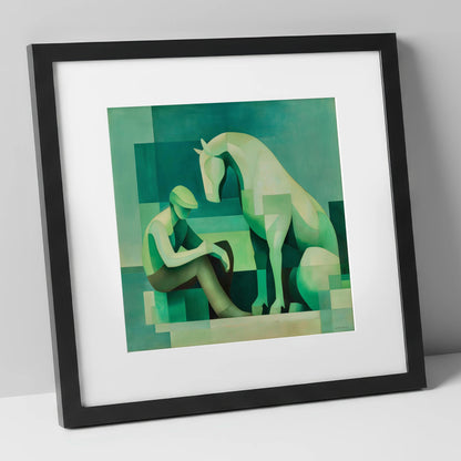 Silent Conversation horse & rider art print in black frame