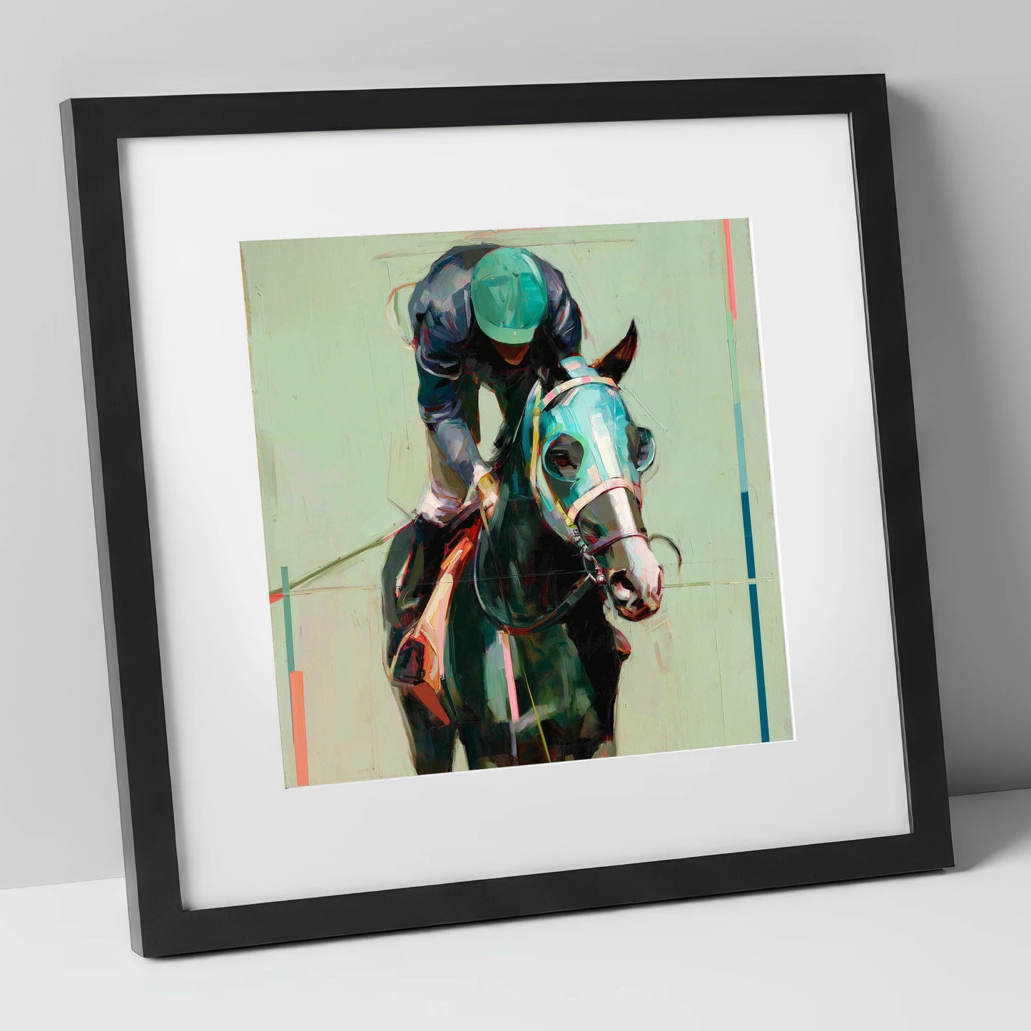 Blinkered Focus racing horse art print in black frame