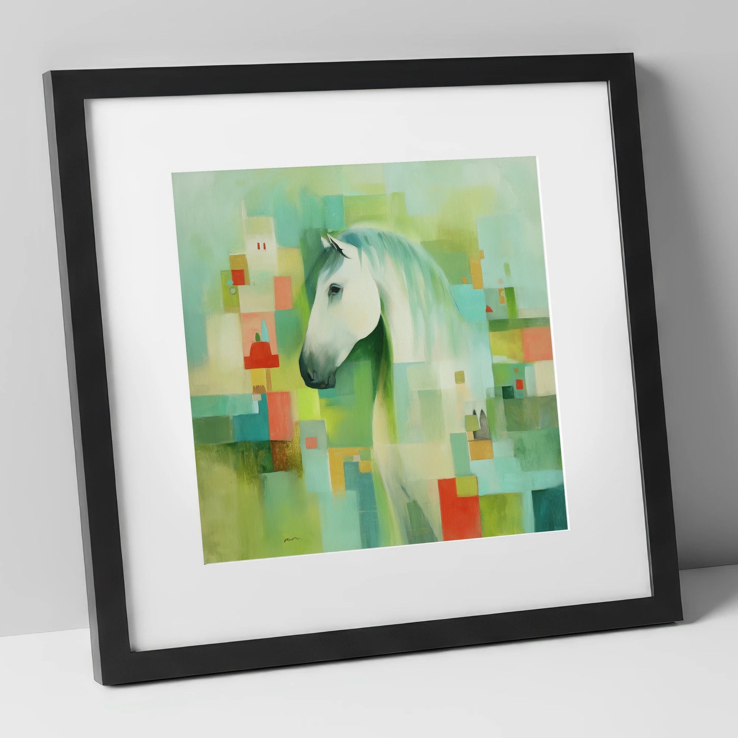 Abstract Grey Harmony horse breed art print in black frame