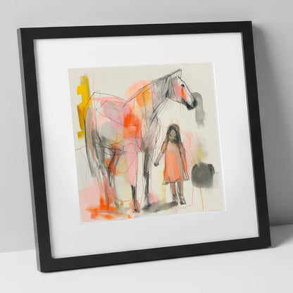 Vibrant First Bond horse & rider art print in black frame