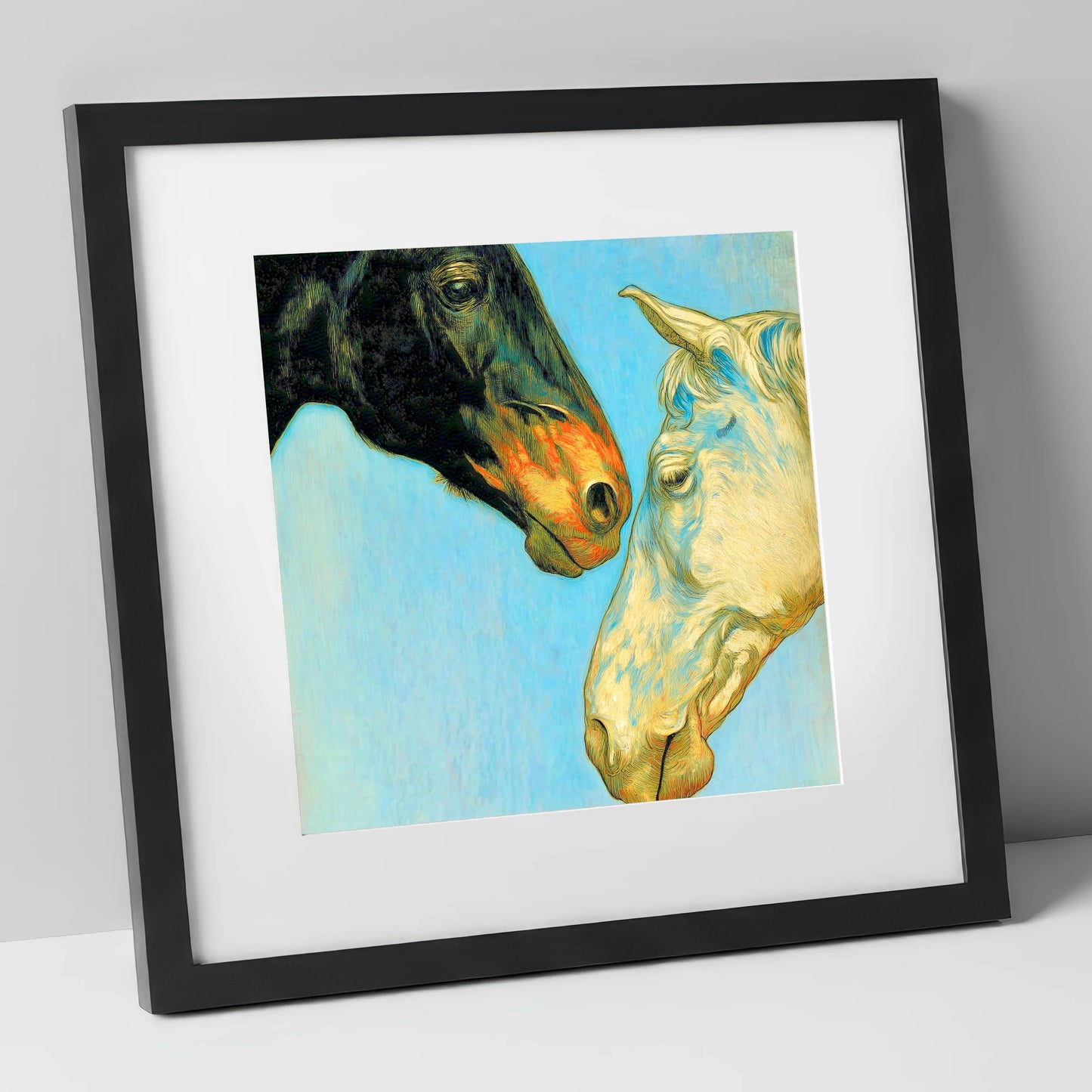 Sun and Shadow horse portrait art print in black frame