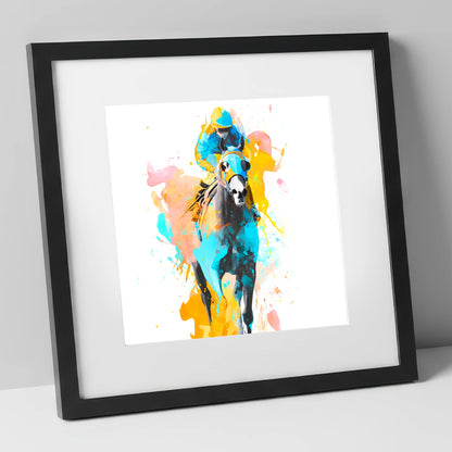 Vibrant Front Runner racing horse art print in black frame