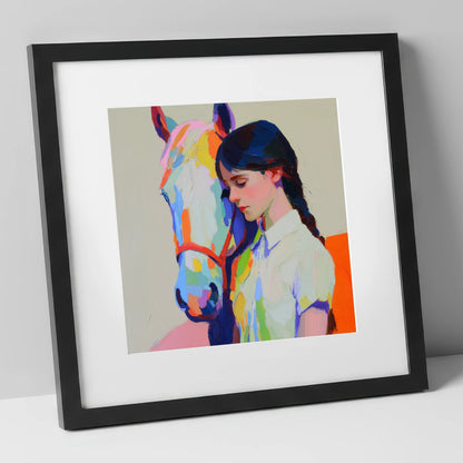 Vibrant Bond horse & rider art print in black frame