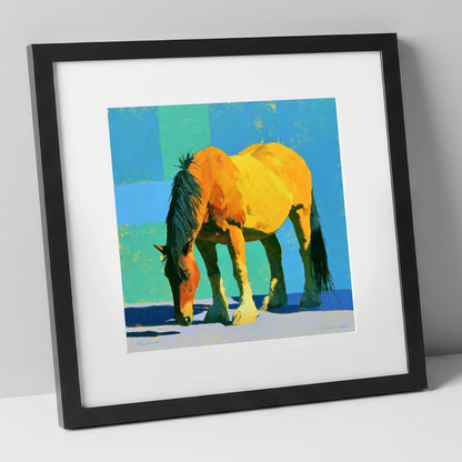Vibrant Yellow Grazing Cob horse breed art print in black frame