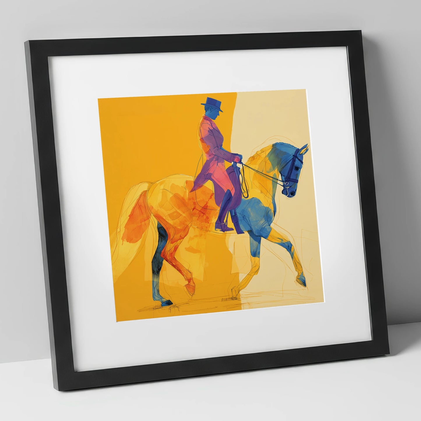 Vivid Dressage Rhythms dressage horse art print in black frame