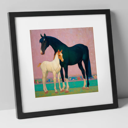 Midnight Mare and Foal mare & foal art print in black frame