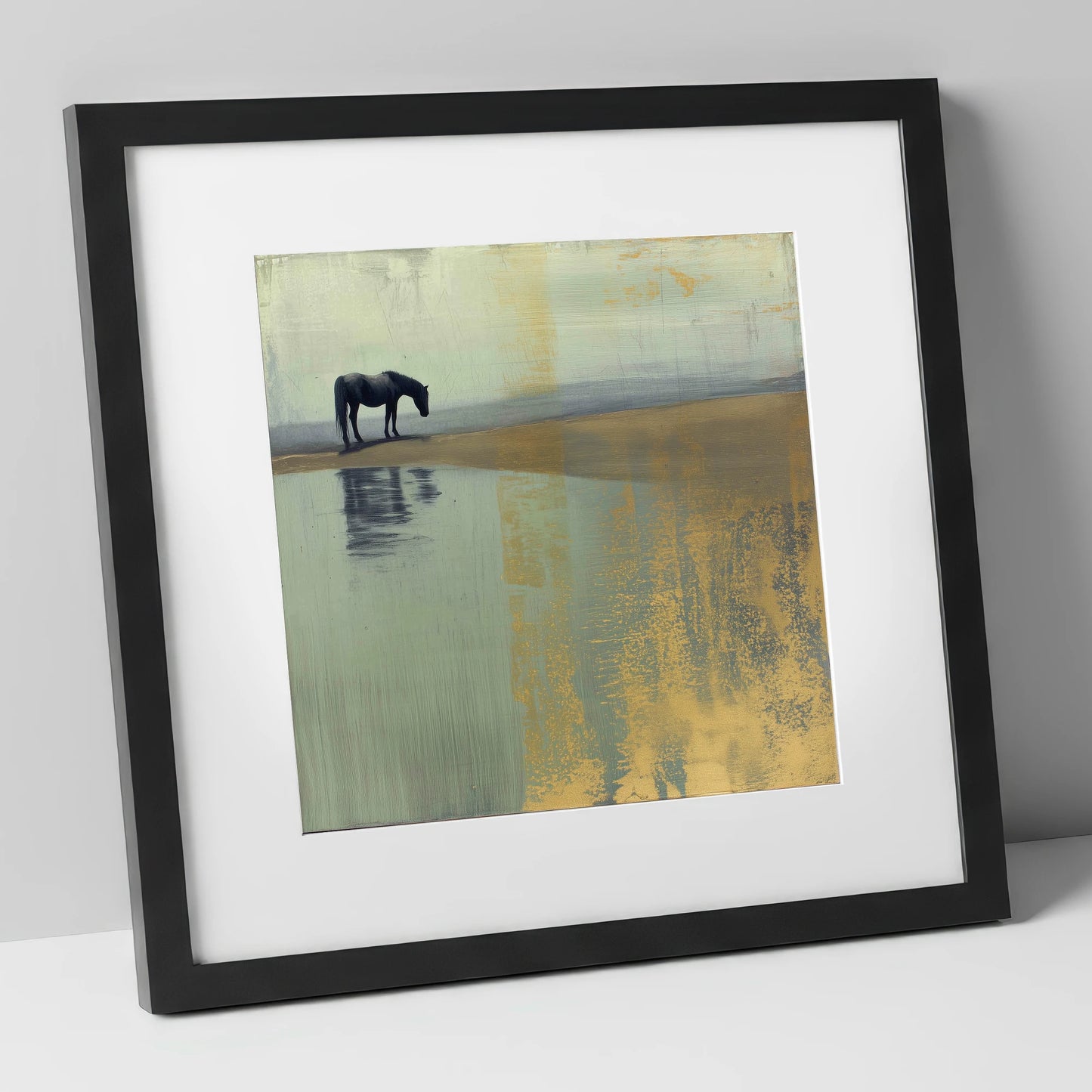 Gilded Solitude horse landscape art print in black frame