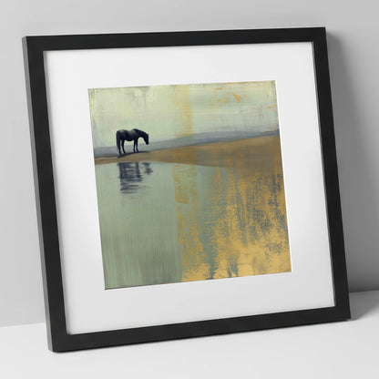 Gilded Solitude horse landscape art print in black frame
