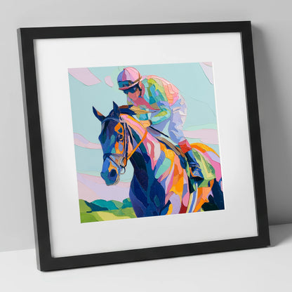Technicolour Sprint racing horse art print in black frame