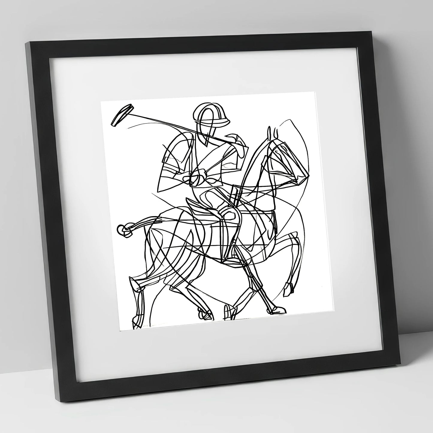 Linear Polo Strike polo horse art print in black frame