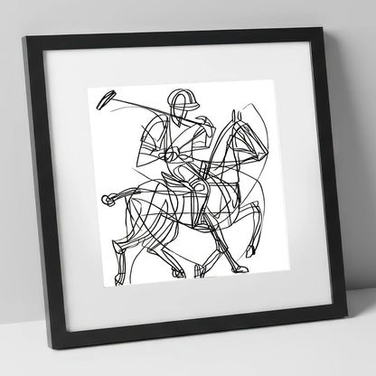 Linear Polo Strike polo horse art print in black frame