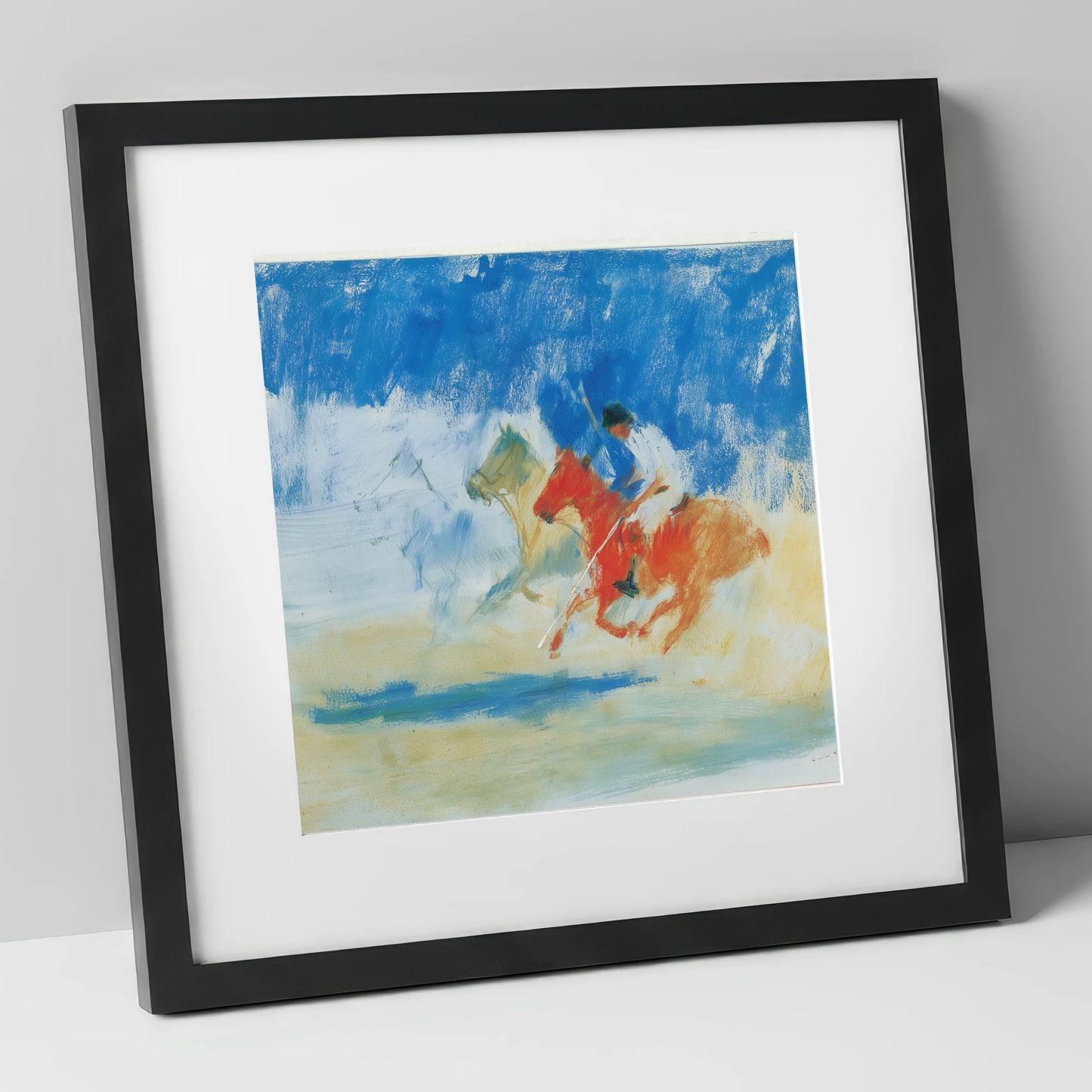 Cerulean Polo Chase polo horse art print in black frame