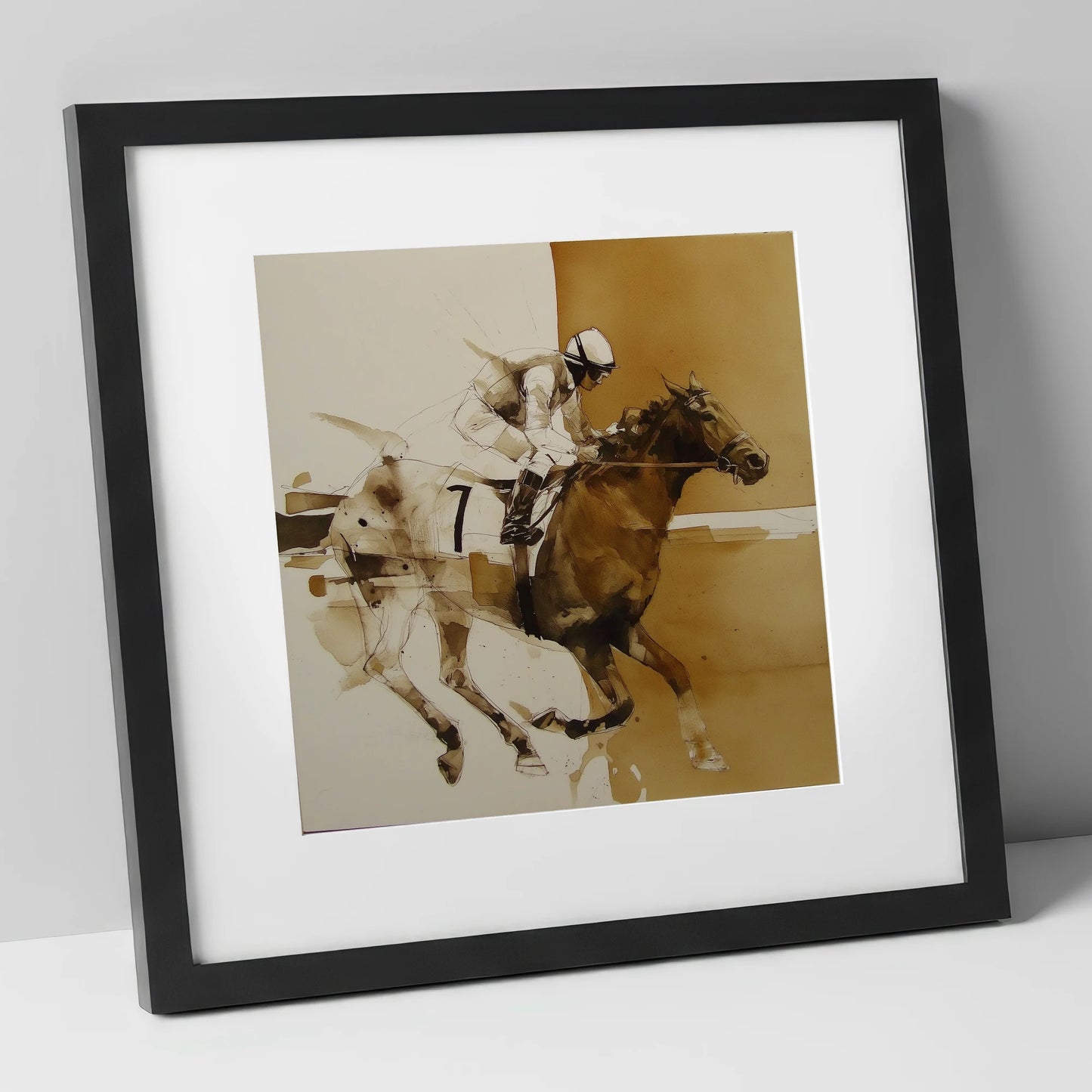 Sepia Racing Stride racing horse art print in black frame