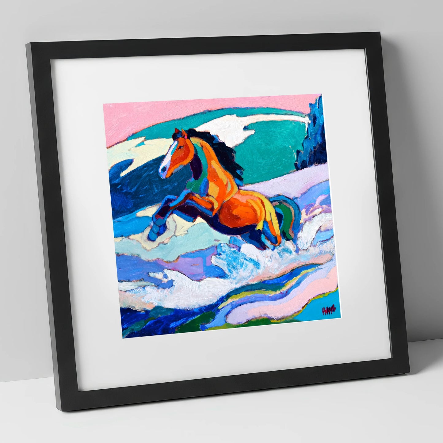 Vivid Coastal Leap beach horse art print in black frame