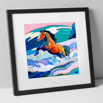 Vivid Coastal Leap beach horse art print in black frame