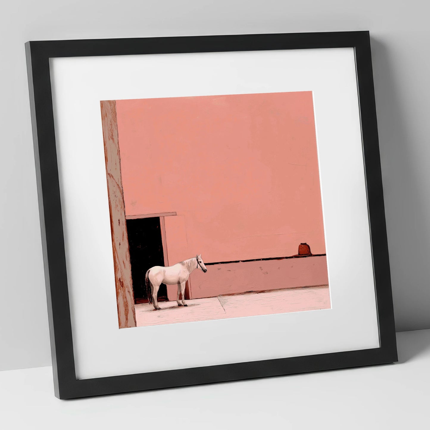 Rose Courtyard Stillness horse stable art print in black frame