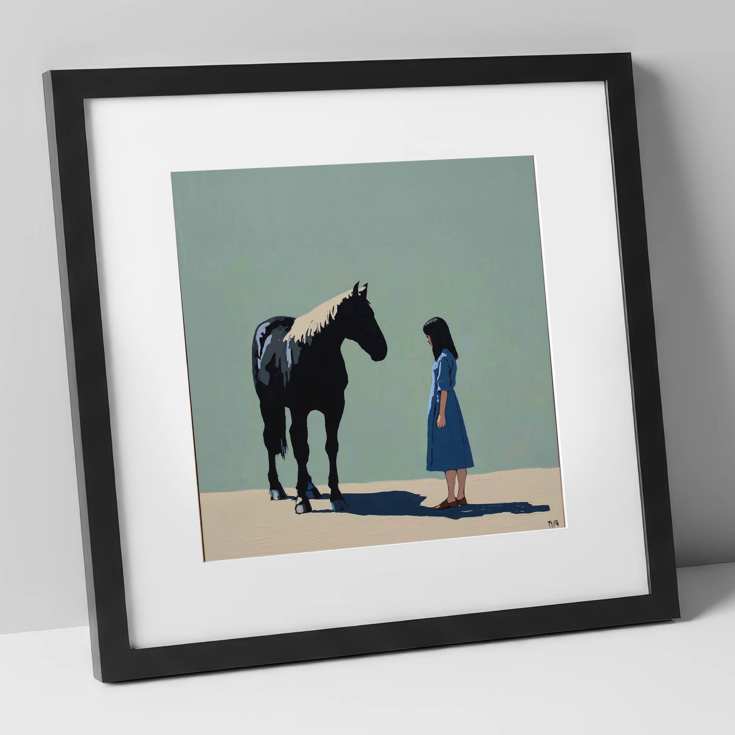 Quiet Understanding horse & rider art print in black frame