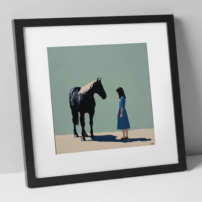 Quiet Understanding horse & rider art print in black frame