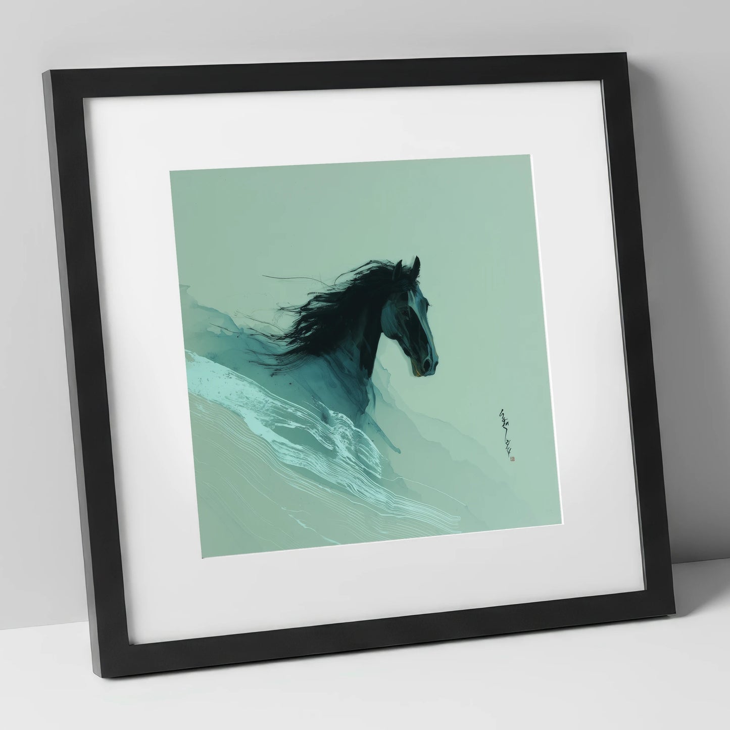 Charcoal Tempest horse breed art print in black frame