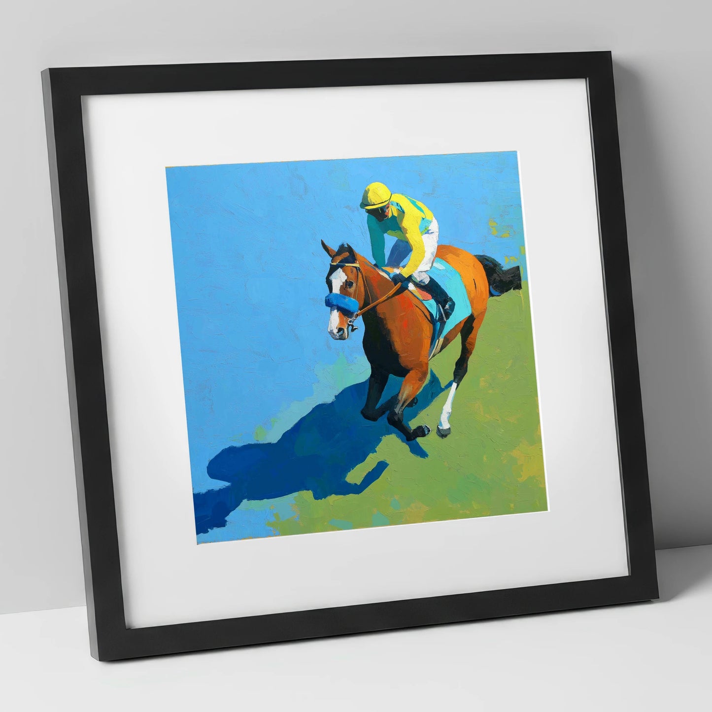 Flight and Shadow racing horse art print in black frame