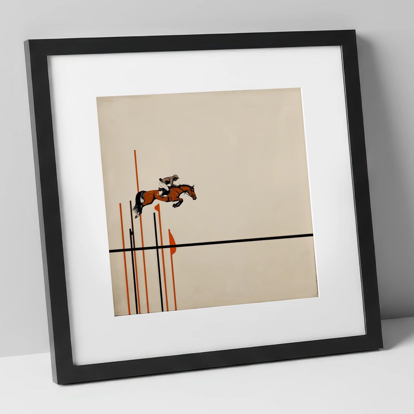 Minimalist Clearance show jumping horse art print in black frame