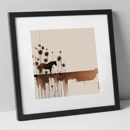 Sepia Sunflower Silhouette horse landscape art print in black frame