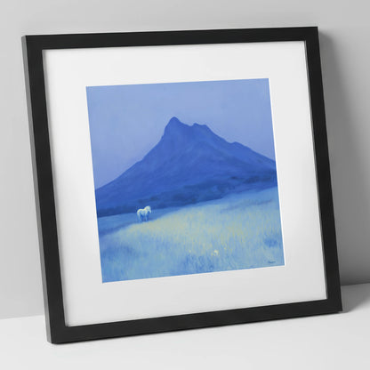 Azure Mountain Solitude horse landscape art print in black frame