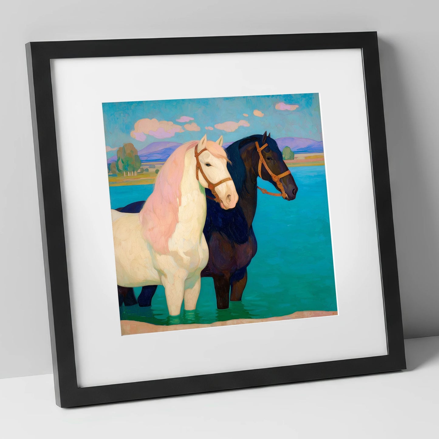 Cooling in the Shallows horse landscape art print in black frame
