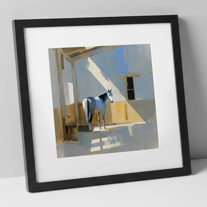 The Sunlit Grey horse stable art print in black frame