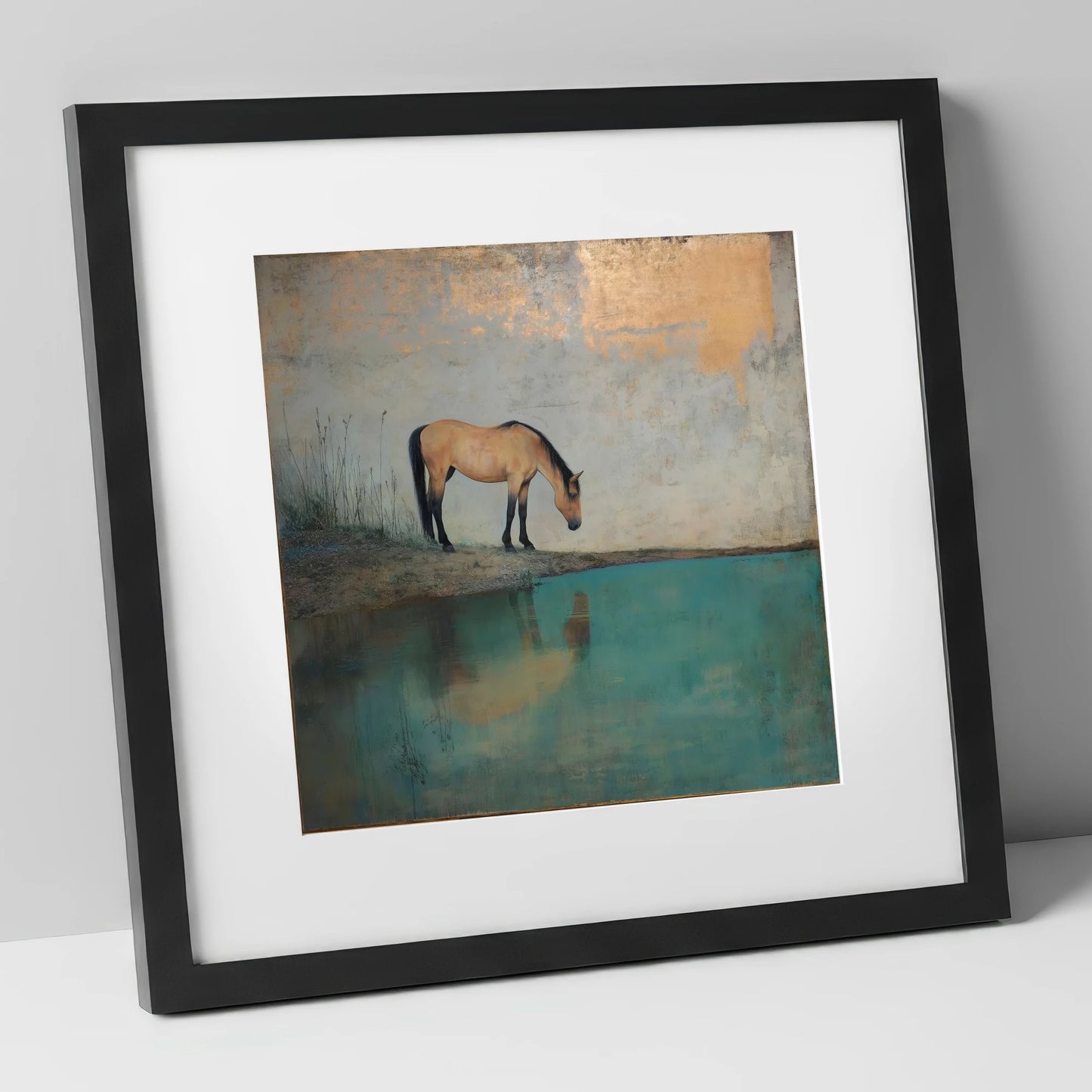Gilded Reflection horse landscape art print in black frame