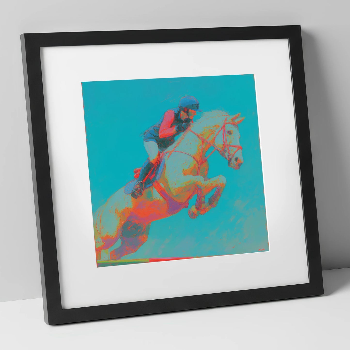 Technicolour Flight show jumping horse art print in black frame