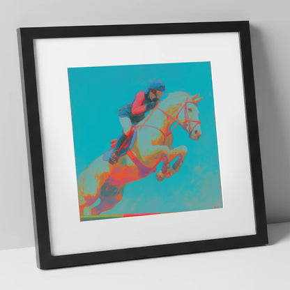 Technicolour Flight show jumping horse art print in black frame