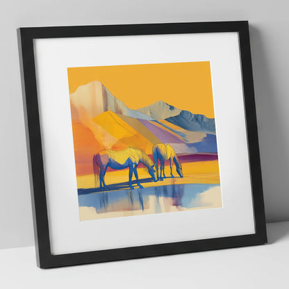 Golden Mountain Pasture horse landscape art print in black frame