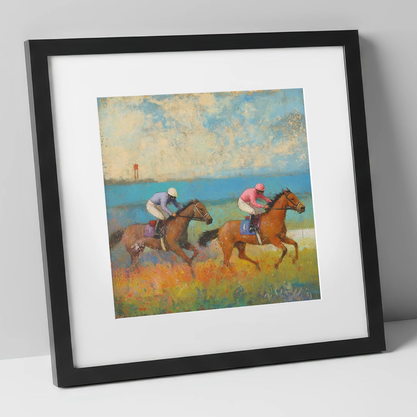 Turf and Tide racing horse art print in black frame