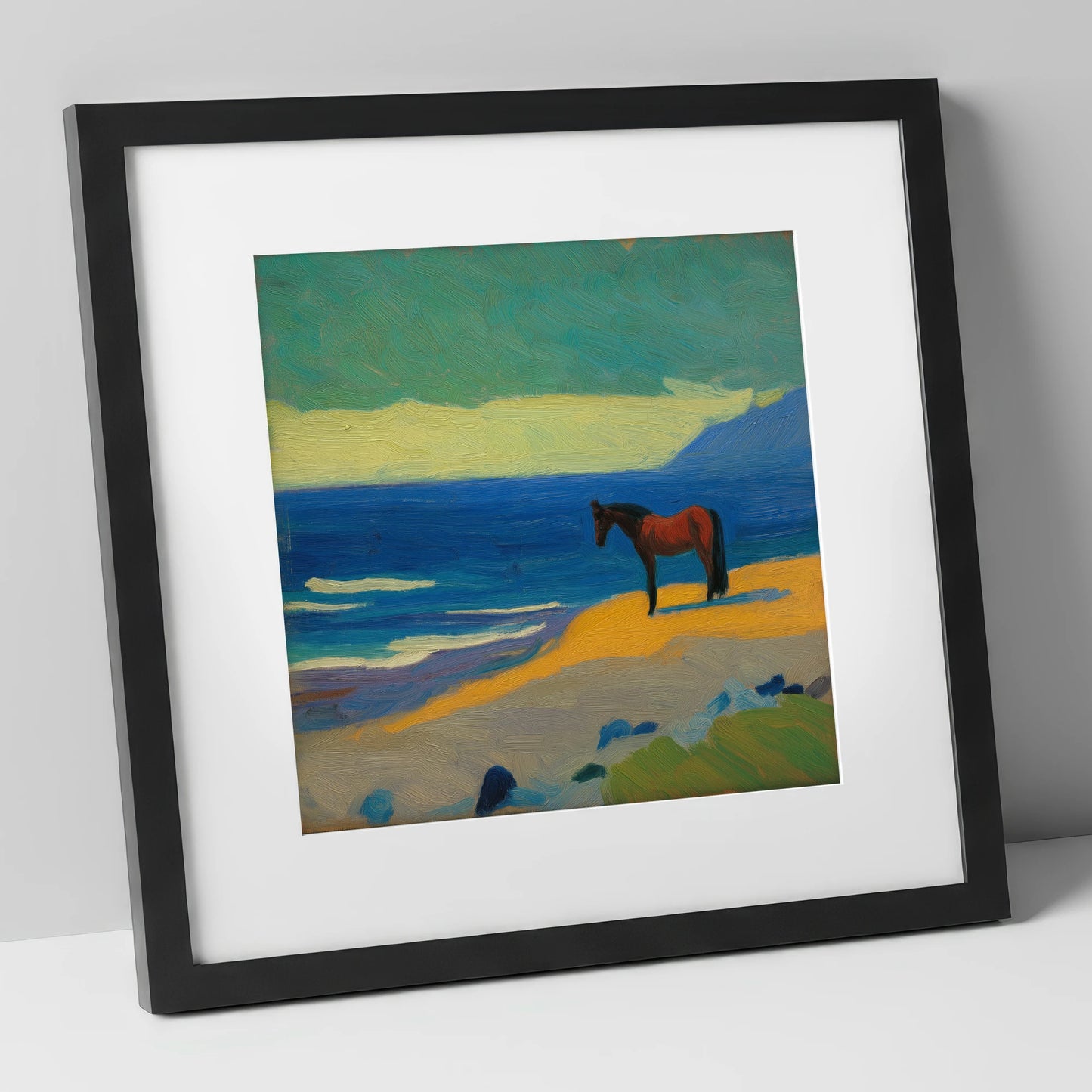Azure Shoreline Stillness horse landscape art print in black frame
