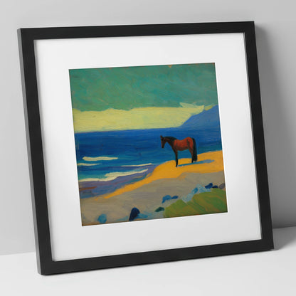 Azure Shoreline Stillness horse landscape art print in black frame