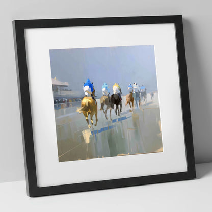 Into the Mist racing horse art print in black frame
