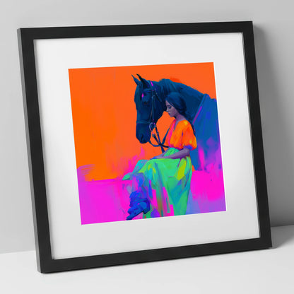 Vivid Connection horse & rider art print in black frame