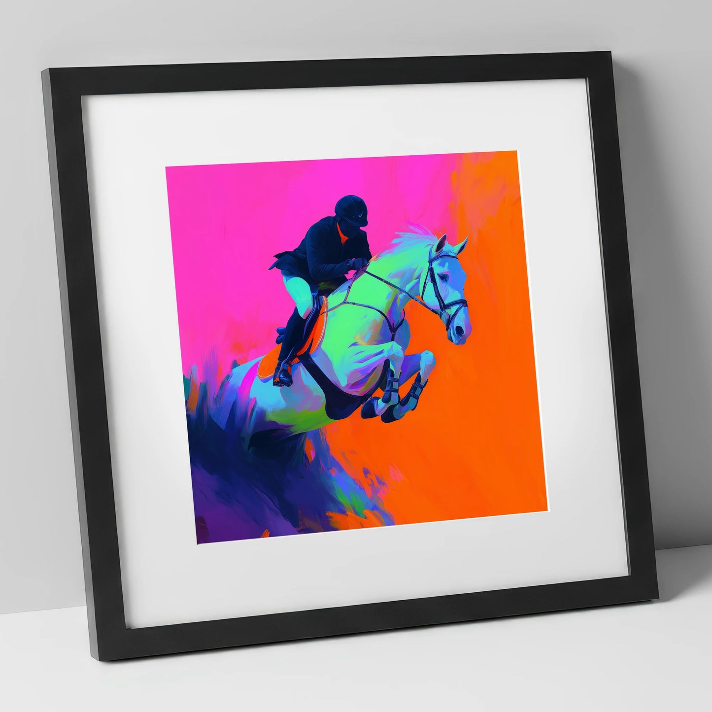 Electric Flight show jumping horse art print in black frame