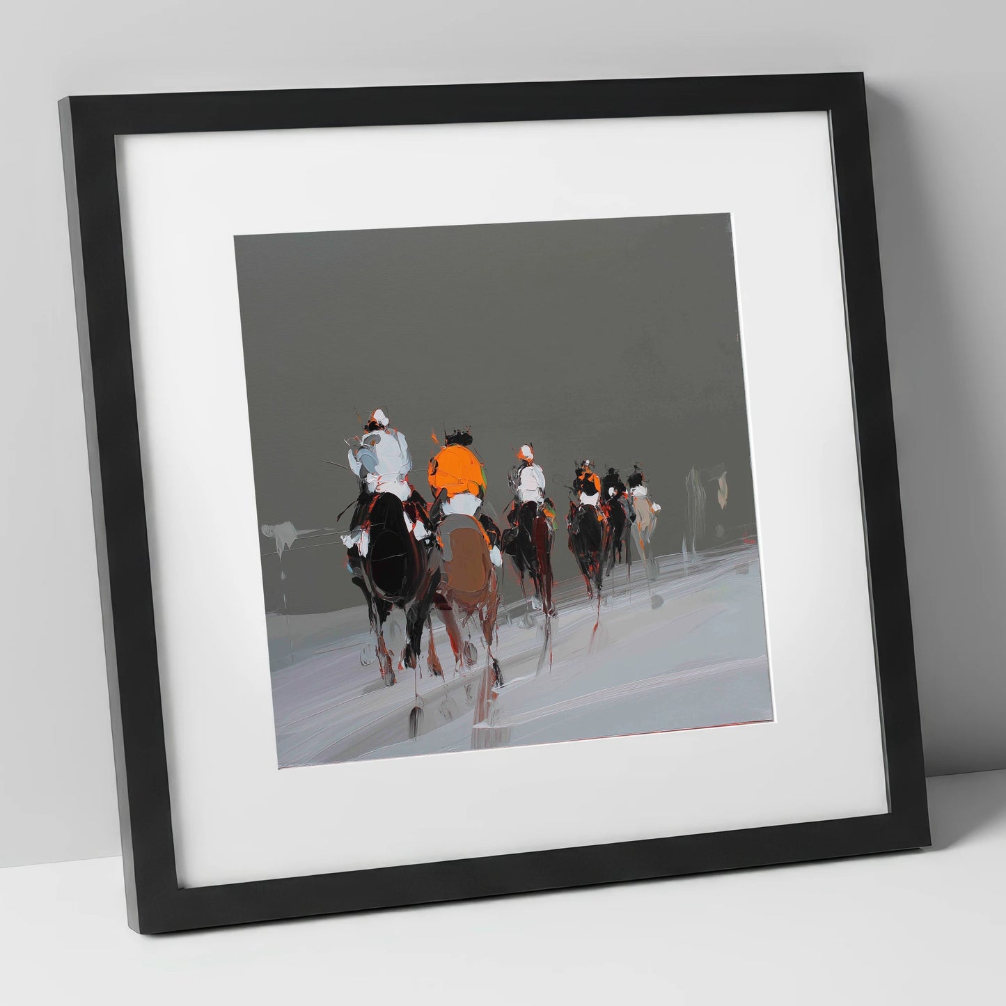 Through the Grey racing horse art print in black frame
