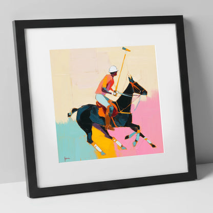 The Vibrant Chukka polo horse art print in black frame