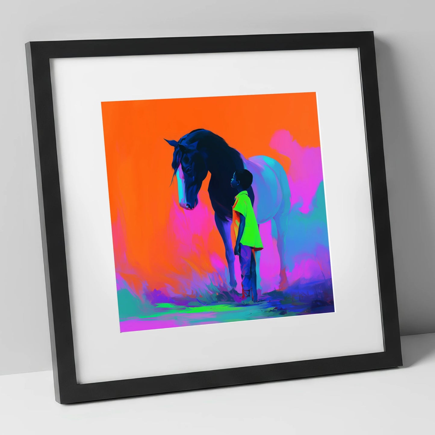 Electric Bond horse & rider art print in black frame