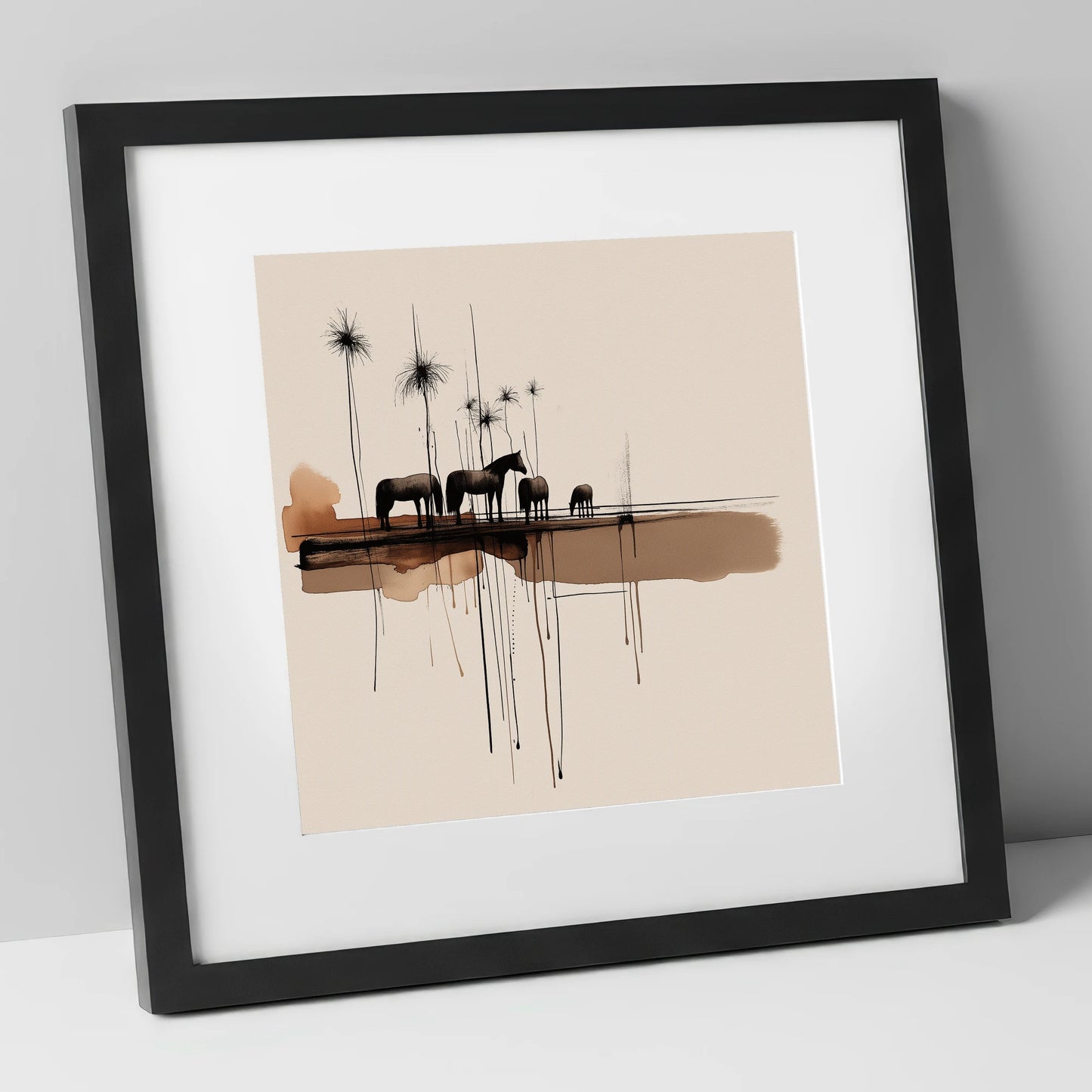 Silent Gathering at Dusk wild horses art print in black frame