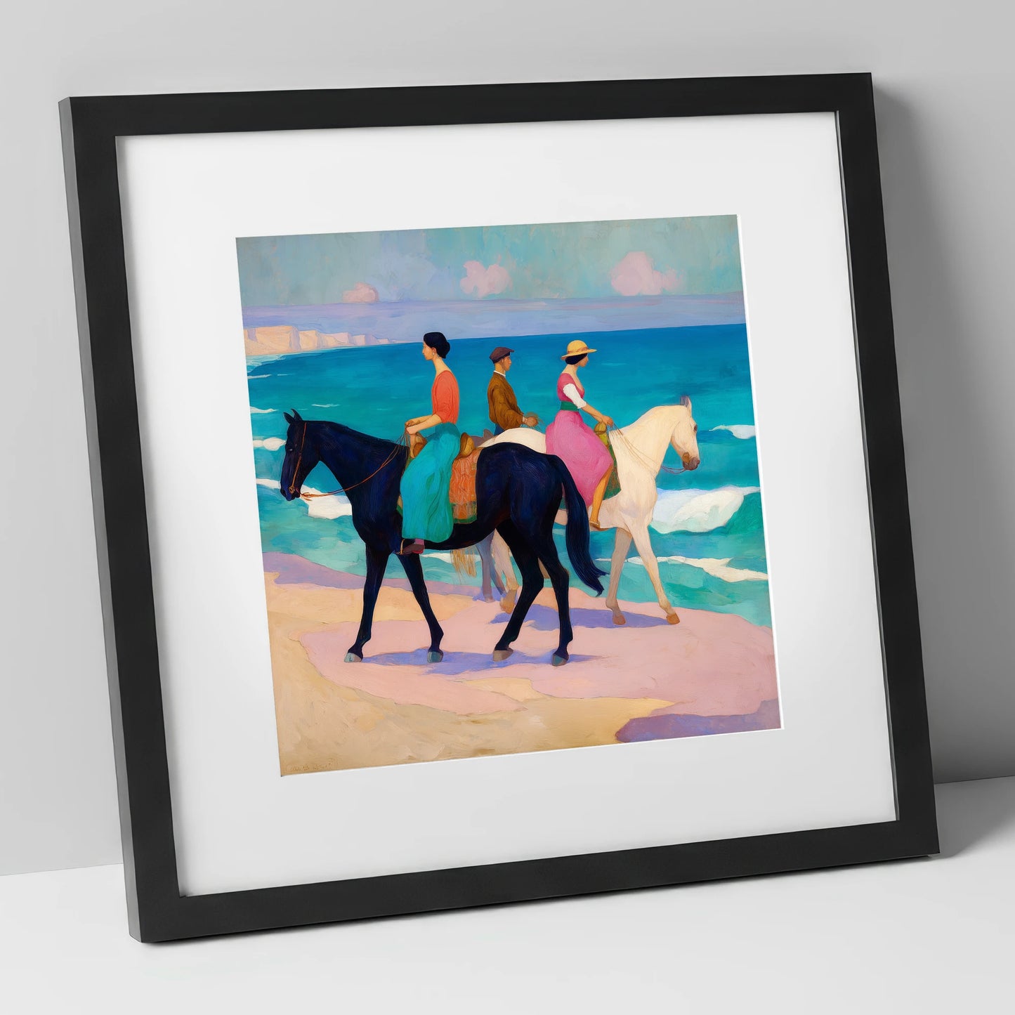 Azure Coastal Hack horse landscape art print in black frame
