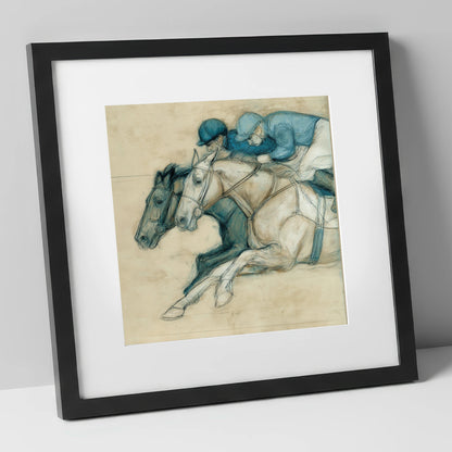 Neck and Neck racing horse art print in black frame