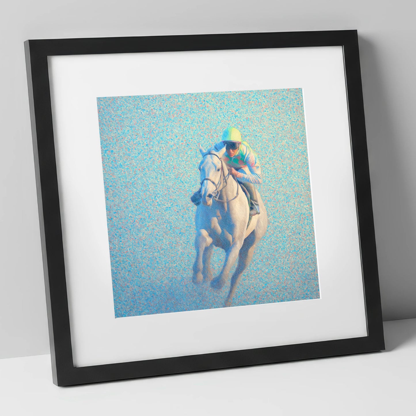 Luminous Gallop racing horse art print in black frame