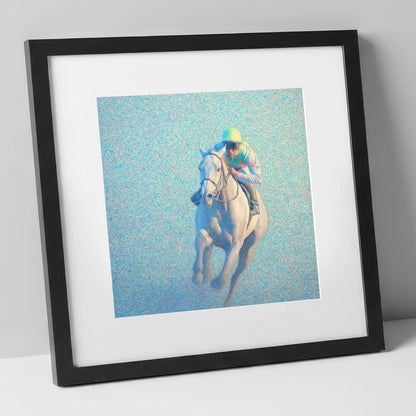 Luminous Gallop racing horse art print in black frame