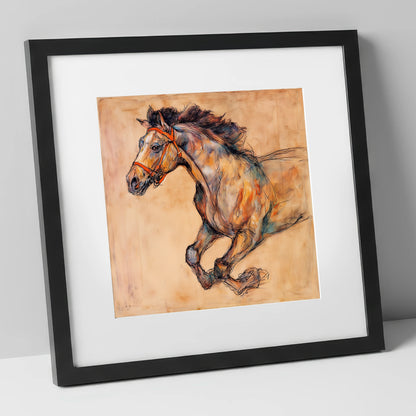 The Morning Gallop racing horse art print in black frame