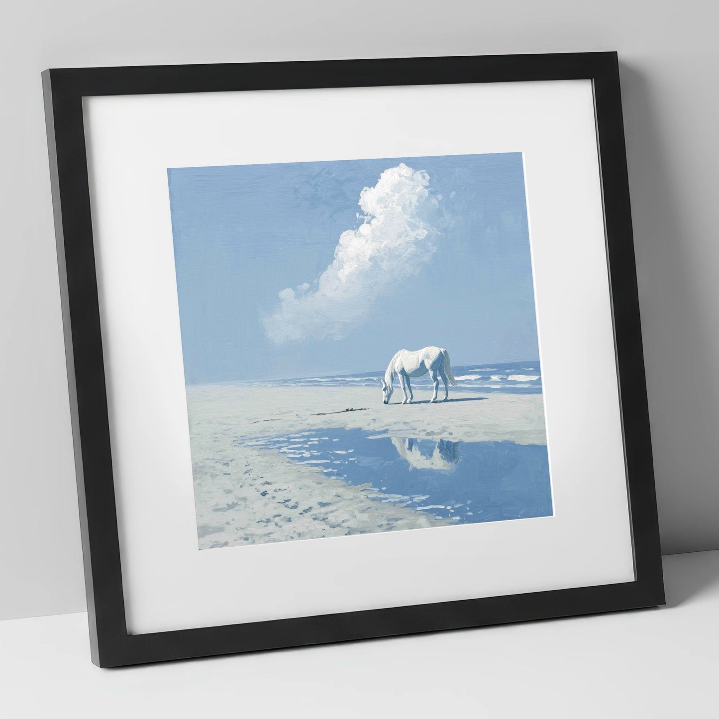 Azure Shore Solitude horse landscape art print in black frame