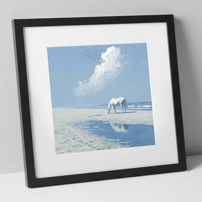 Azure Shore Solitude horse landscape art print in black frame